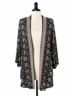 Garage Boho Tribal Open Front‎ Cardigan Black White Orange Aztec Duster western